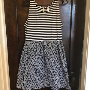 B&W mixed pattern dress with pops of yellow